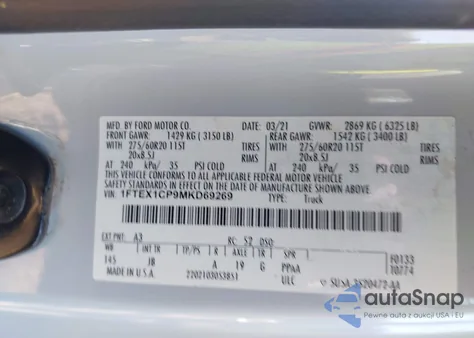 2021 Ford F-150 Xl из США, поврежденный, VIN 1FTEX1CP9MKD69269